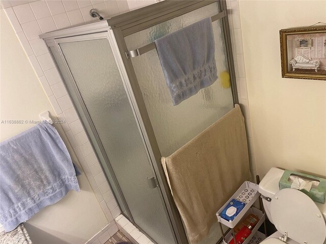 bathroom featuring toilet and a shower with door