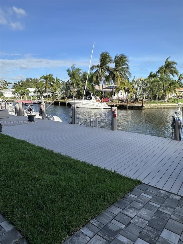 view of dock featuring a yard and a water view