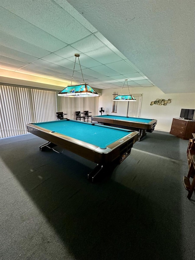 rec room featuring carpet, a paneled ceiling, and billiards