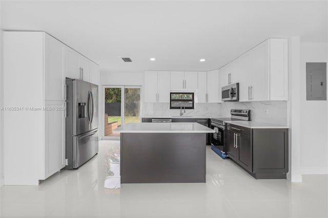 kitchen with white cabinetry, backsplash, electric panel, a kitchen island, and appliances with stainless steel finishes