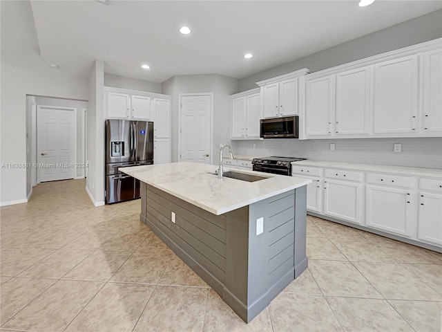 kitchen with white cabinetry, appliances with stainless steel finishes, backsplash, an island with sink, and sink