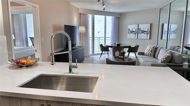 kitchen featuring rail lighting and sink