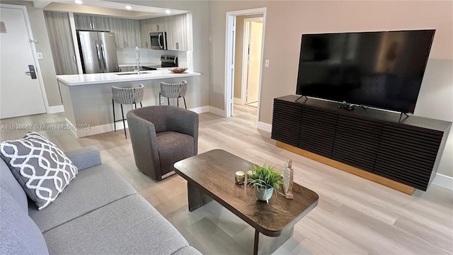 living room with sink and light hardwood / wood-style flooring