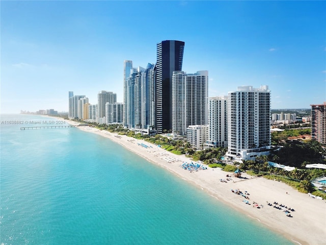 drone / aerial view with a view of the beach and a water view