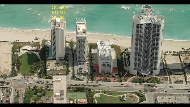 drone / aerial view with a water view and a beach view