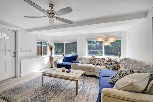 living room featuring wood-type flooring and ceiling fan