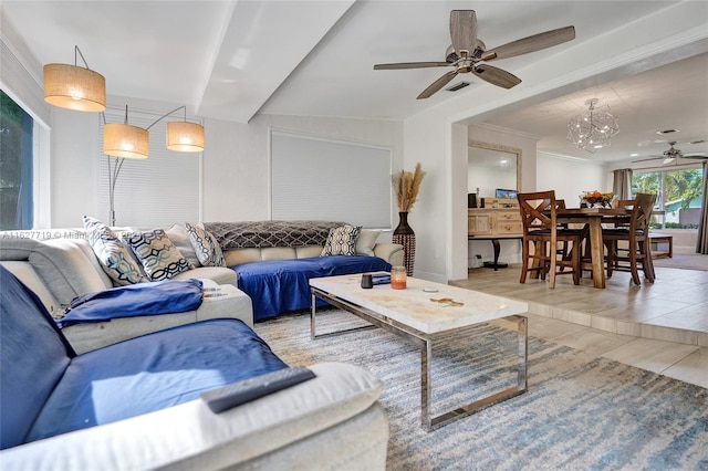 living room with ceiling fan and wood-type flooring