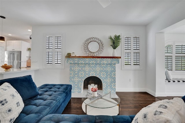 living room with dark hardwood / wood-style floors