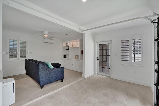 living room with ceiling fan, light tile patterned flooring, and a wall mounted AC