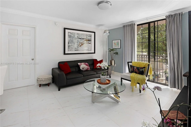 living room featuring ornamental molding and a wall of windows