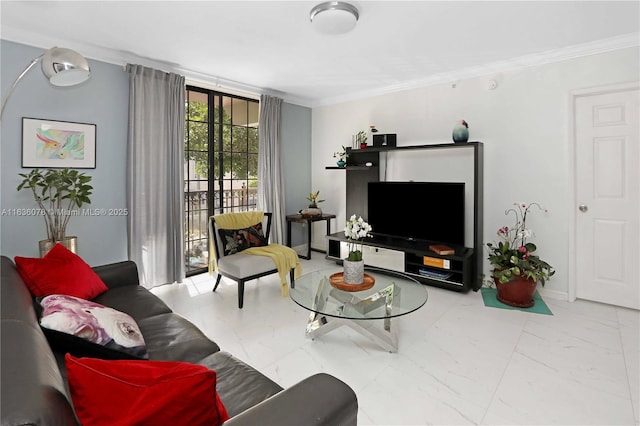 living room with crown molding