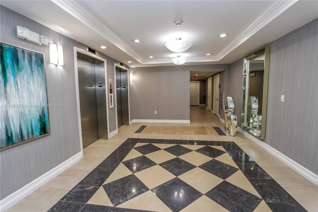 hallway featuring crown molding, a raised ceiling, and elevator