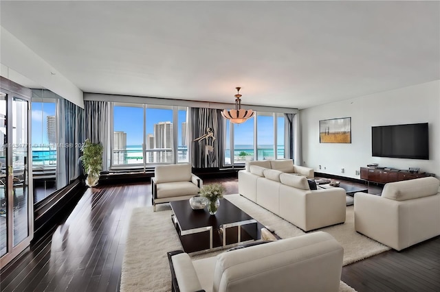 living room featuring hardwood / wood-style floors and a wall of windows