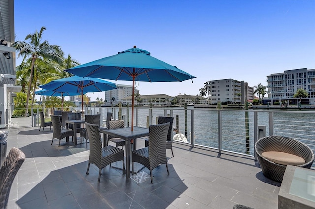 view of patio / terrace featuring a water view