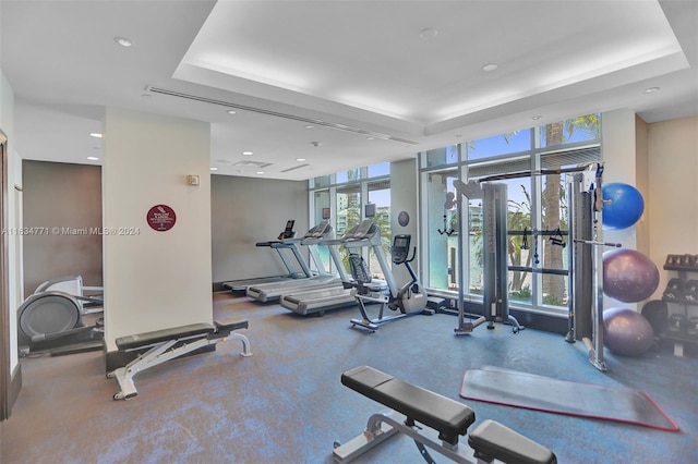 workout area featuring a tray ceiling, plenty of natural light, and floor to ceiling windows