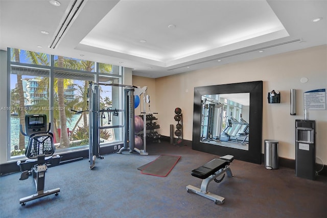 gym with a water view, a tray ceiling, and plenty of natural light