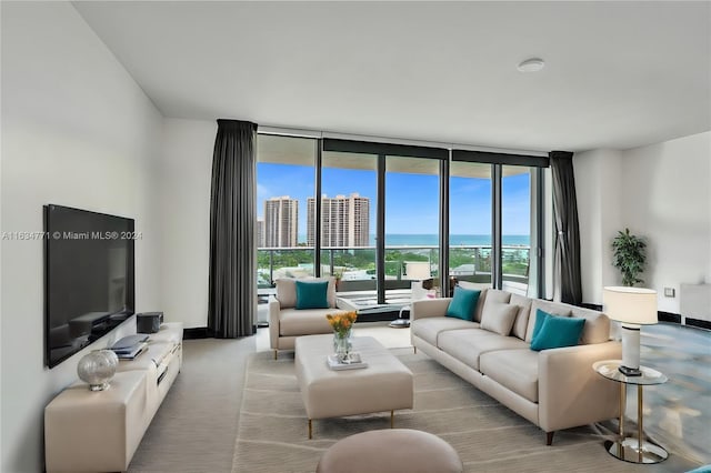 living room with light carpet and expansive windows