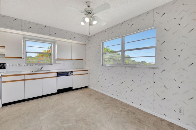 kitchen featuring white dishwasher, a healthy amount of sunlight, white cabinetry, and a textured ceiling