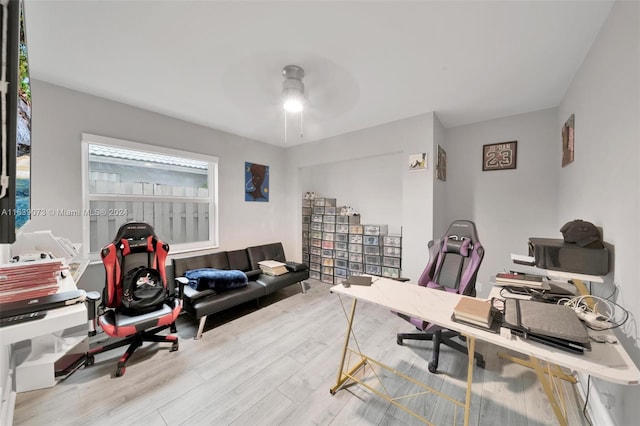 office space featuring ceiling fan and light hardwood / wood-style flooring