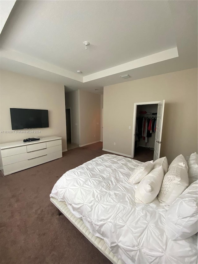 bedroom with a walk in closet, carpet, a closet, and a tray ceiling