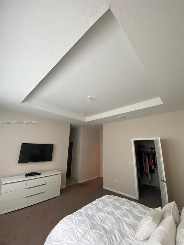 carpeted bedroom with a walk in closet, a closet, and a raised ceiling