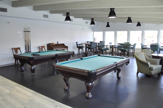 playroom with billiards, hardwood / wood-style floors, and beamed ceiling