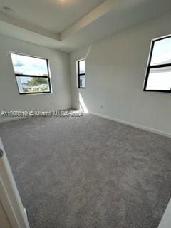 carpeted empty room with a raised ceiling