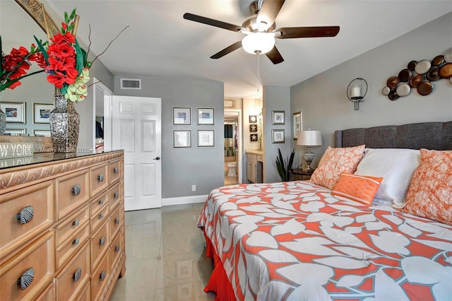 bedroom with ceiling fan and ensuite bath