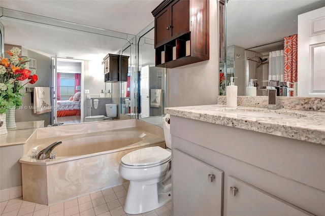 full bathroom featuring toilet, vanity, plus walk in shower, and tile patterned flooring