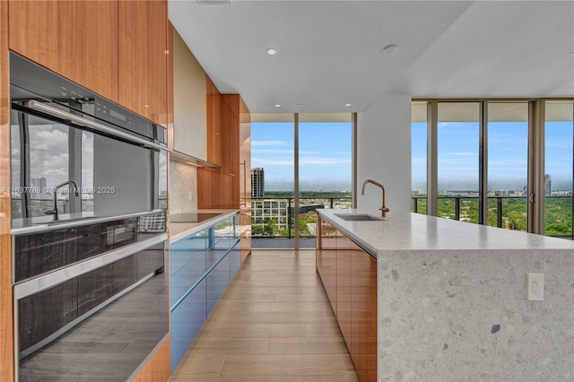 kitchen with sink, an island with sink, light hardwood / wood-style flooring, and a wall of windows