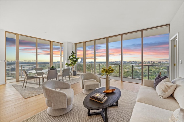 living area featuring light wood finished floors, a healthy amount of sunlight, and a wall of windows