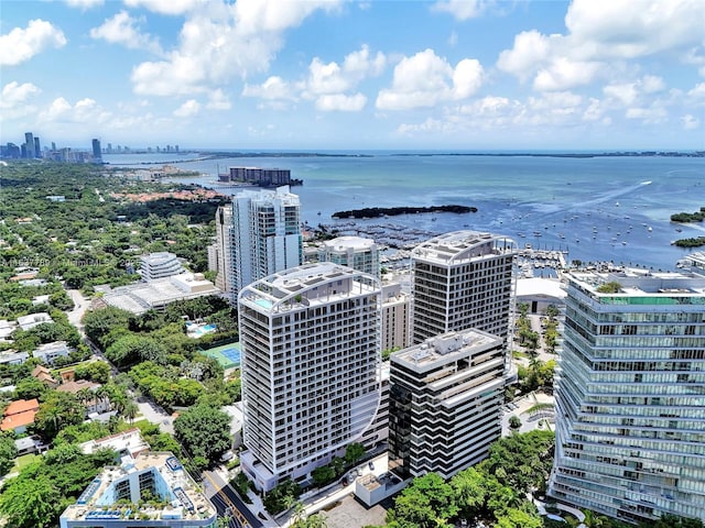 bird's eye view featuring a view of city and a water view