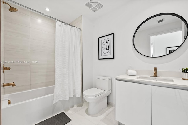 full bathroom featuring tile patterned flooring, vanity, toilet, and shower / bathtub combination with curtain