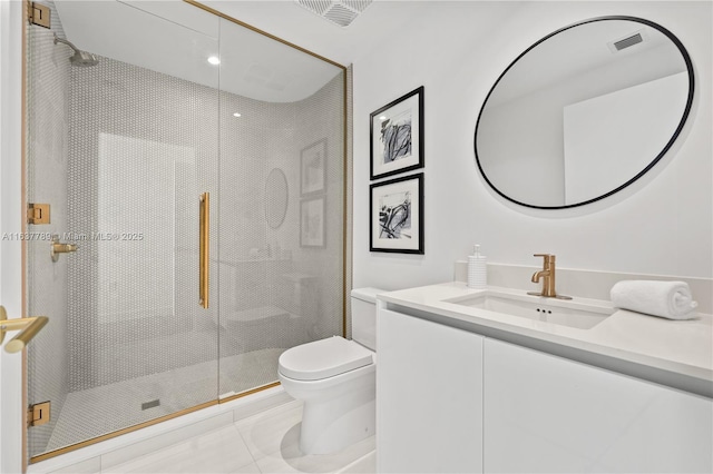 full bathroom with visible vents, toilet, a stall shower, tile patterned floors, and vanity