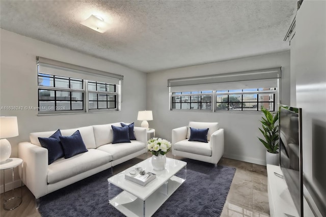 living room with a textured ceiling