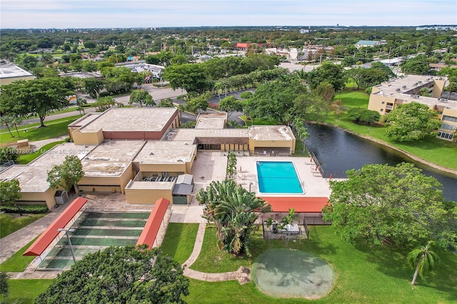 aerial view featuring a water view