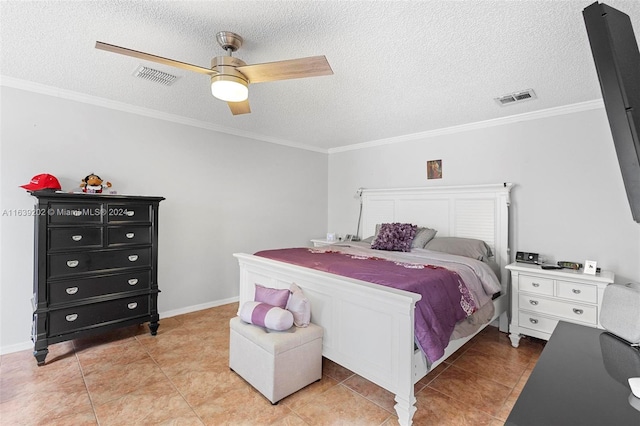 bedroom with light tile patterned floors, crown molding, and ceiling fan