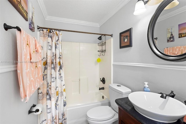 full bathroom featuring ornamental molding, a textured ceiling, and toilet