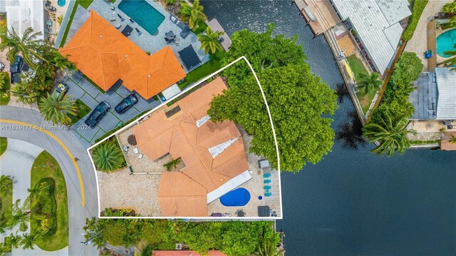 aerial view featuring a water view