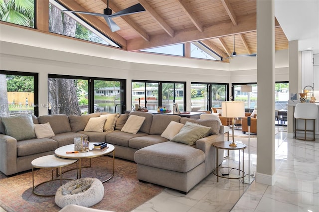 living room featuring wood ceiling, beamed ceiling, high vaulted ceiling, and ceiling fan