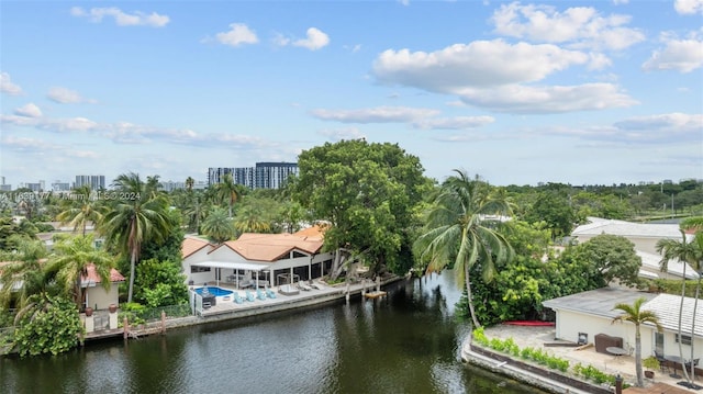 aerial view featuring a water view