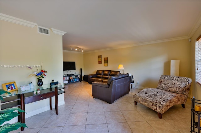 tiled living room with crown molding