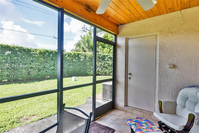 sunroom with ceiling fan and wooden ceiling