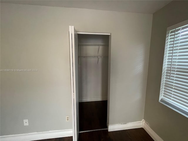 unfurnished bedroom with multiple windows, wood-type flooring, and a closet