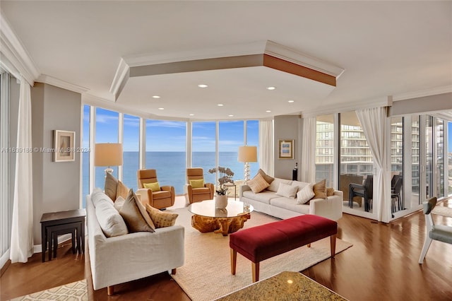 living room with plenty of natural light, wood-type flooring, and a water view