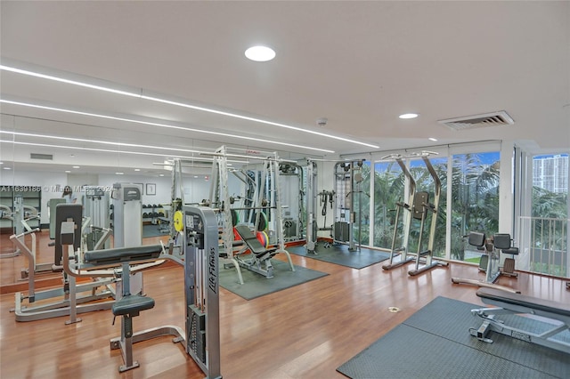 workout area with a wall of windows and hardwood / wood-style floors