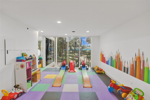 playroom with a wall of windows