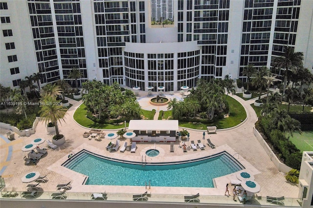 view of swimming pool featuring a patio