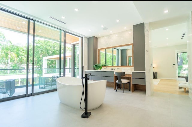 interior space featuring vanity, a washtub, and plenty of natural light