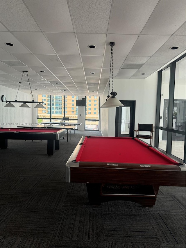 recreation room with carpet flooring, a drop ceiling, floor to ceiling windows, and billiards